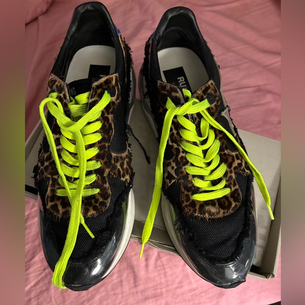 Golden Goose Men’s Leopard Print Sneakers with Neon Yellow Laces